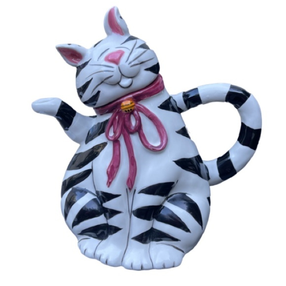 NWT Blue Sky Clayworks Striped Cat Teapot White Black Bell Collar